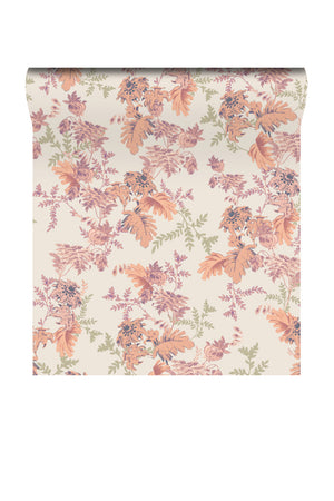 Mina wallpaper by Curate Space in off-white, rolled length showing dramatic layered florals and foliage