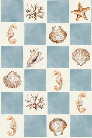 Molly wallpaper by Curate Space in blue, full repeat of seashells and seahorses on a check
