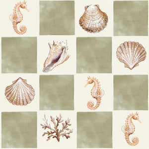 Molly wallpaper by Curate Space in soft green, full repeat of seashells and seahorses on a check
