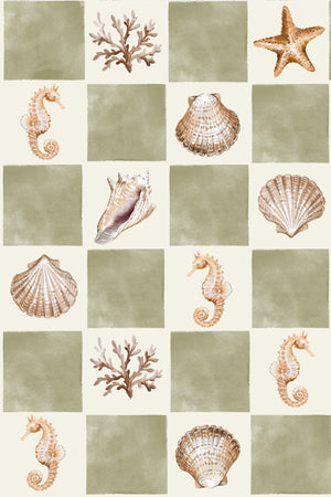 Molly wallpaper by Curate Space in soft green, full repeat of seashells and seahorses on a check