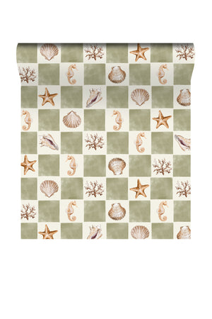 Molly wallpaper by Curate Space in soft green, rolled length showing seashells and seahorses on a check