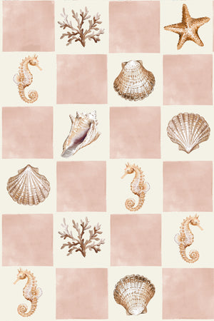 Molly wallpaper by Curate Space in soft pink, full repeat of seashells and seahorses on a check