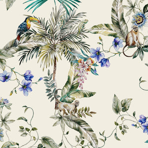 Noah wallpaper by Curate Space in off-white, full repeat of palm trees, tropical foliage and animals