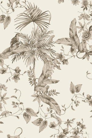 Noah wallpaper by Curate Space in pebble grey, full repeat of palm trees, tropical foliage and animals
