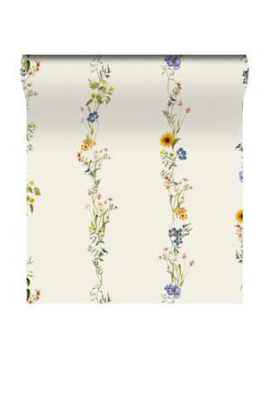 Olive Curate Space wallpaper in light cream, rolled length showing vertical stripes of botanical stems and wildflowers
