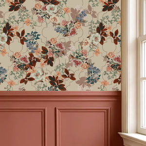 Orla wallpaper by Curate Space in light cream, layered florals and foliage over a trellis above terracotta panelling beside a window