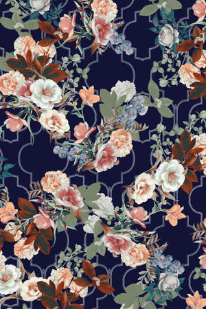 Orla wallpaper by Curate Space in midnight blue, full repeat of layered florals and foliage over a trellis