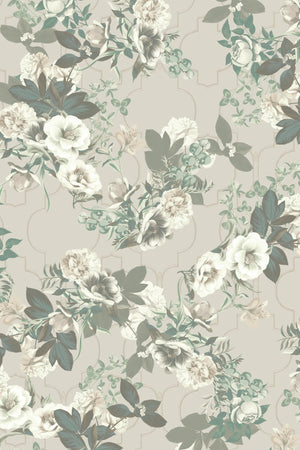 Orla wallpaper by Curate Space in stone beige, full repeat of layered florals and foliage over a trellis