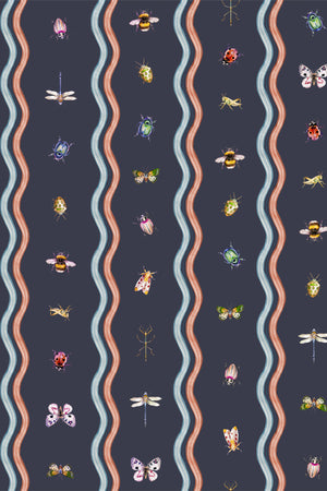 Ren wallpaper by Curate Space in midnight blue, full repeat of wavy stripes with bugs and butterflies