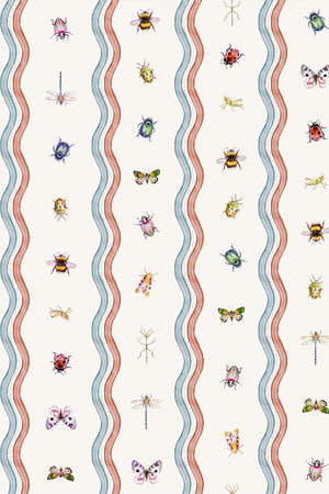 Ren wallpaper by Curate Space in off-white, full repeat of wavy stripes with bugs and butterflies