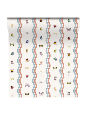Ren wallpaper by Curate Space in off-white, rolled length showing wavy stripes with bugs and butterflies