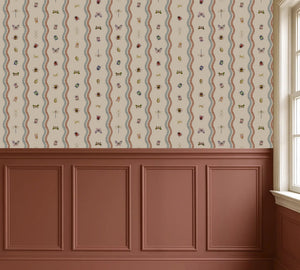 Ren wallpaper by Curate Space in off-white, wavy stripes with bugs and butterflies above red panelling