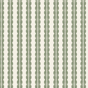 Rosalie wallpaper by Curate Space in soft green, full repeat of a scalloped stripe