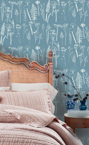 Daily Walk wallpaper by Annika Reed in blue, wild grasses and seed heads in a bedroom