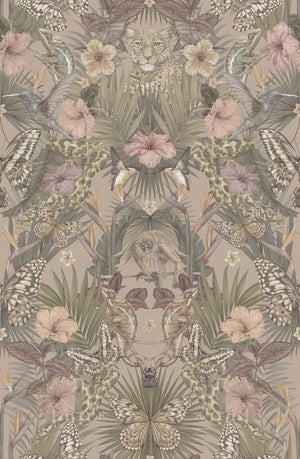 Exotica wallpaper by Victoria Sanders in dusty pink, pattern sample of jungle animals and tropical flowers (alternate view)