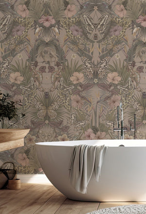 Exotica wallpaper by Victoria Sanders in dusty pink, jungle animals and tropical flowers in a bathroom setting