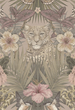 Exotica wallpaper by Victoria Sanders in dusty pink, full repeat of jungle animals and tropical flowers