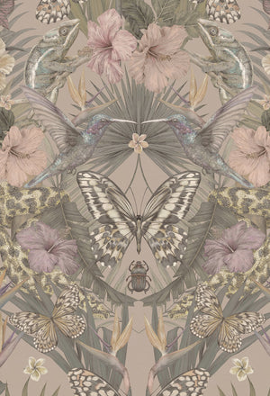 Exotica wallpaper by Victoria Sanders in dusty pink, pattern sample of jungle animals and tropical flowers