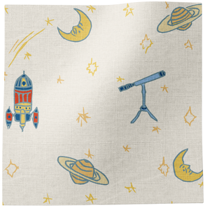 Float Away into Space linen by Annika Reed in cream, draped, showing rockets, moons and planets