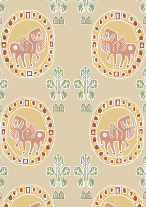 Flying Horse of the Silk Road wallpaper by Annika Reed in pink, flat sample of flying horses in medallions