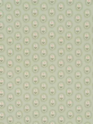 Folly wallpaper by Parker and Jules in sage green, pattern sample of small sunburst medallions