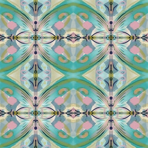 Franny wallpaper by Tatie Lou in pink and green, full repeat of a kaleidoscopic floral