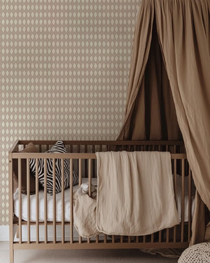 Harlequin Parade wallpaper by Annika Reed in beige, a small harlequin check in a child's room