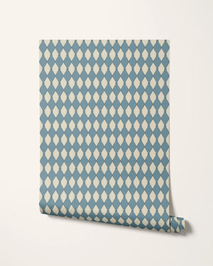 Harlequin Parade wallpaper by Annika Reed in blue, roll showing a small harlequin check