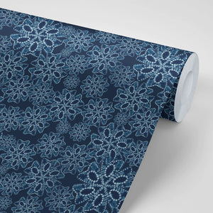 Indigo Nui wallpaper by Tatie Lou in indigo blue, roll showing nui shibori dots