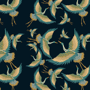 Pachamama wallpaper by Tatie Lou in navy, full repeat of flying cranes