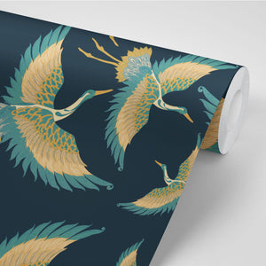 Pachamama wallpaper by Tatie Lou in navy, roll showing flying cranes