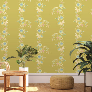 Passion Flower wallpaper by Tatie Lou in yellow, trailing passion flowers in a living room