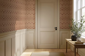 Lace wallpaper by Dami and Em Design in coral, a lace pattern in an entryway