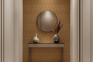Lace wallpaper by Dami and Em Design in light green, a lace pattern in a hallway