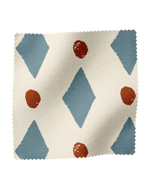Ludo linen by Annika Reed in blue and red, full repeat of diamonds and dots