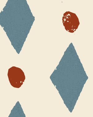 Ludo linen by Annika Reed in blue and red, close-up of diamonds and dots