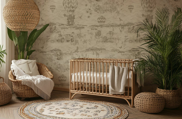 Lyons Den Wallpaper in Parchment by Victoria Sanders, nursery room setting
