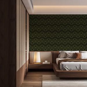 Manilva Garden wallpaper by Dami and Em Design in green, an art deco garden design behind a bed
