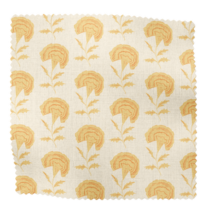 Marigold linen by Annika Reed in yellow, flat sample of marigold flowers