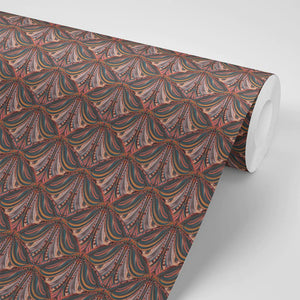 Mumbai Deco wallpaper by Tatie Lou in brown, roll showing Deco fan shapes