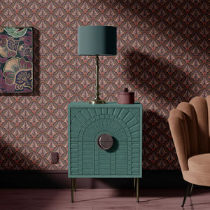 Mumbai Deco wallpaper by Tatie Lou in brown, Deco fan shapes above a sideboard