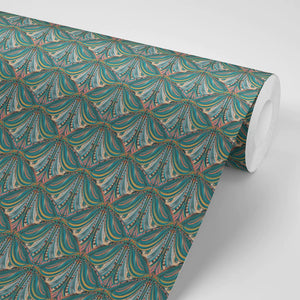 Mumbai Deco wallpaper by Tatie Lou in teal, partly unrolled roll showing Deco fan shapes