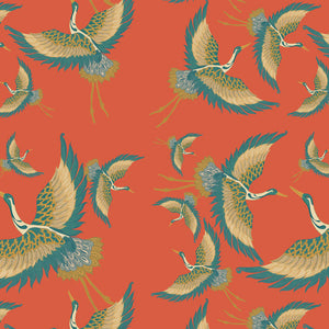 Pachamama vinyl wallpaper by Tatie Lou in coral, full repeat of flying cranes