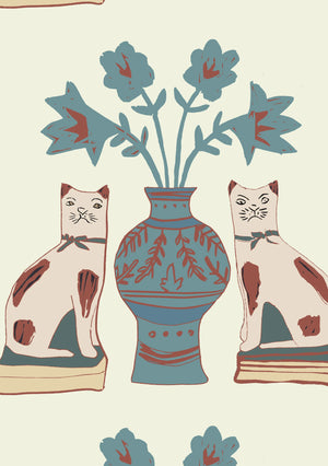 Pair of Cats wallpaper by Annika Reed in blue and cream, close-up of pairs of cats and vases