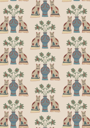 Pair of Cats wallpaper by Annika Reed in brown, flat sample of pairs of cats and vases