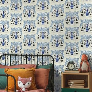 Pair of Dogs wallpaper by Annika Reed in blue, pairs of dogs and vases in a living room
