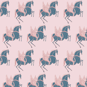 Pegasus wallpaper by Annika Reed in navy and pink, full repeat of winged horses