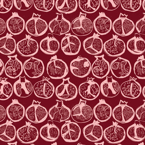 Pomegranate wallpaper by Annika Reed in burgundy, full repeat of pomegranates