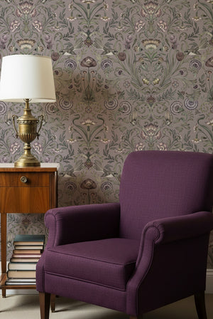 Victorian Bloom Wallpaper in Antique Lavender by Victoria Sanders, room setting