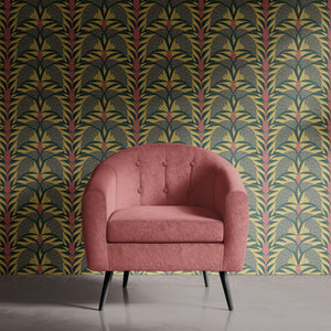Plume wallpaper by Tatie Lou in pink and gold, Deco plumes behind a sofa in a living room